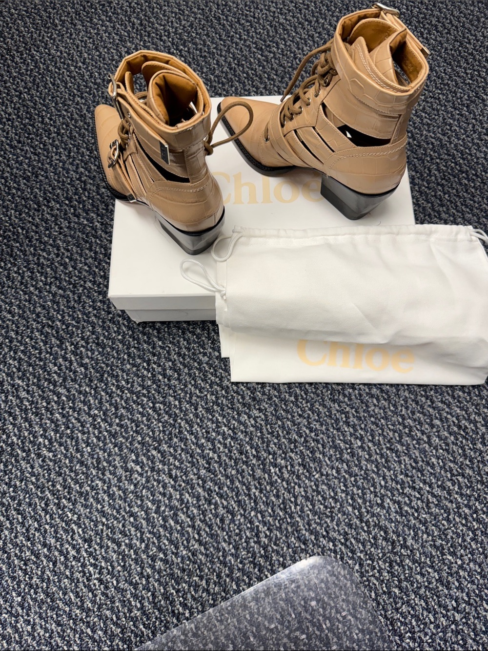 Chloe Beige Leather Lace-Up Cutout Ankle Boots